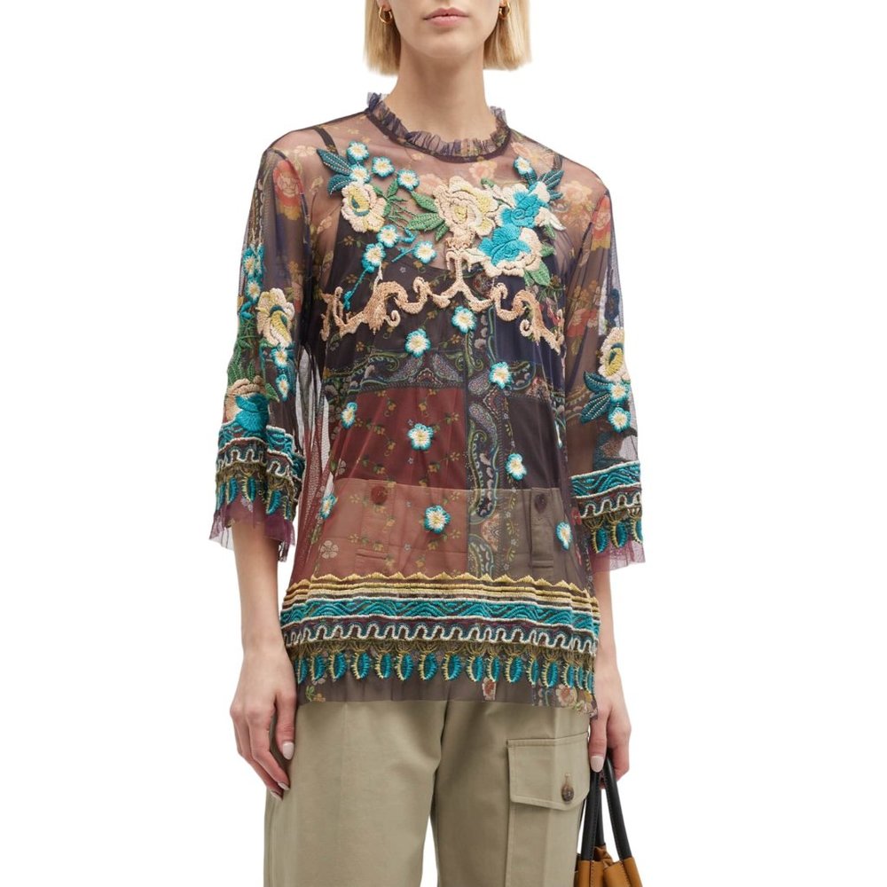 Johnny Was MEDIUM Renley Floral Embroidered Sheer Ruffle 3/4 Length Sleeve Top